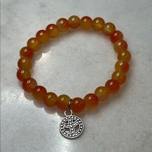 Vibrant Orange Beaded Bracelet with Silver Pendant